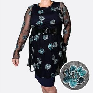 NWT Black Sheer Mesh Floral Embroidered Long Sleeve Dress‎ Topper Overdress 0X L